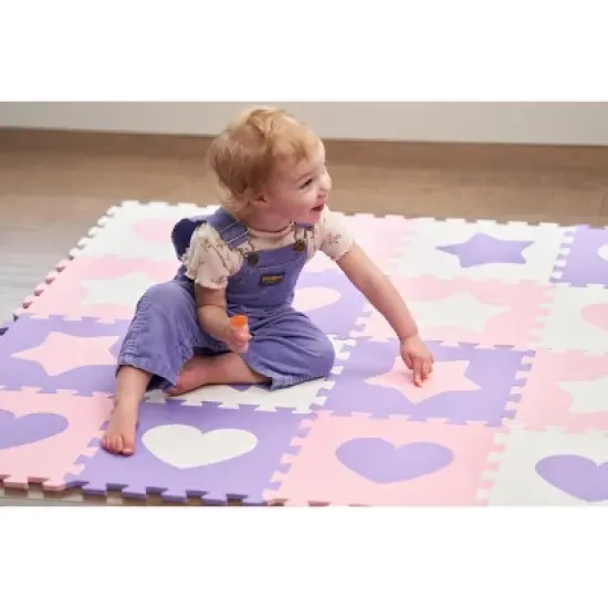 Tadpoles Hearts & Stars Foam Playmats for Kids, 16 Interlocking Foam Tiles | Total coverage 50 x 50 | For Ages 3 and Up | Pink, Purple & White image {3}
