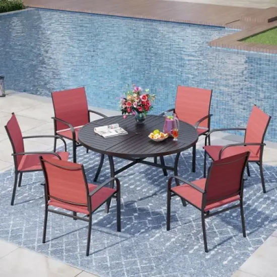 Captiva Designs 7pc Black Round Slatted Steel Table with Umbrella Hole & Textilene Chairs image {17}