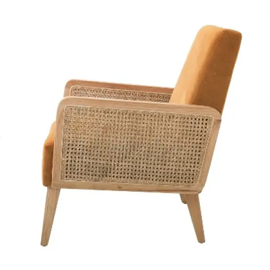 Chlo&eacute; Cane Arm Chair with Wood Base Living Room Upholstered Accent Chair with Rattan Armrest | Karat Home image {4}