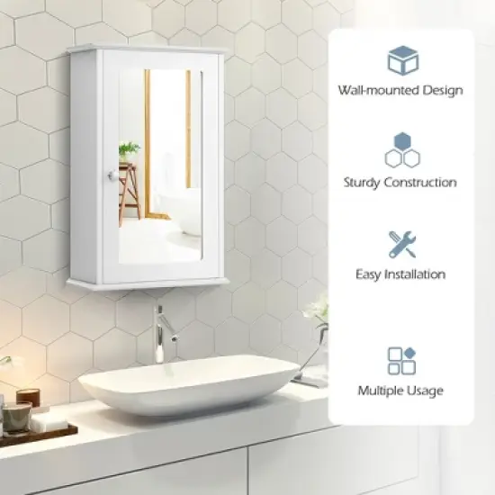 Costway Bathroom Wall Medicine Cabinet Single Mirror Door Cupboard Storage Wood Shelf White image {5}