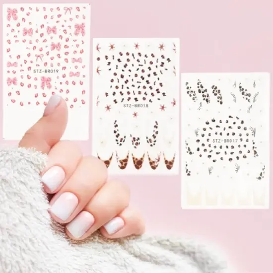 Unique Bargains Self-Adhesive Floral Bow Pattern Nail Art Stickers Pink White 3 Pcs image {3}