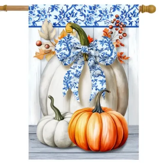 Briarwood Lane Fall House Flag 40x28 For Outdoor Blue and White Pumpkins For Fall House Flag image {1}
