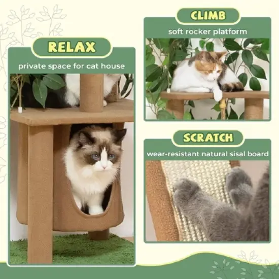 Sandinrayli 76 in. Cat Tree Tower Condo with Green Leaves and Scratching Posts image {3}