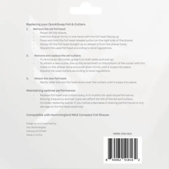 HUMMINGBIRD MK2 QuickSwap Replacement Head and Cutters &ndash; Genuine Foil Head and Cutters Refill, Hypoallergenic Dual Titanium Foil Flexible Head image {2}