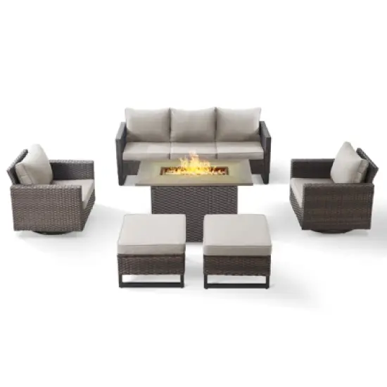 POCASSY 6PCS Patio Furniture Set with Fire Pit Table, All Weather Brown Wicker Patio Fire Pit Set with Swivel Patio Chairs and 41" Propane Fire Pit image {2}