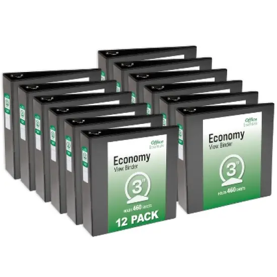 Office Essentials Economy View 3 Ring Binders, 3" Round Rings, 3.5" Spine, 460-Sheet Capacity, Black Binders (12-Pack of 03431) image {7}