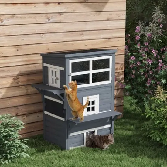Gulches PawHut 3-Story Cat House Feral Cat Shelter, Outdoor Kitten Condo Jumping Platforms, Dark Gray image {8}