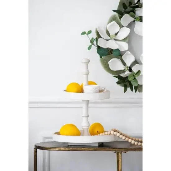 D11.8x15.4in Two-Tiered Round Wooden Tray, White image {4}
