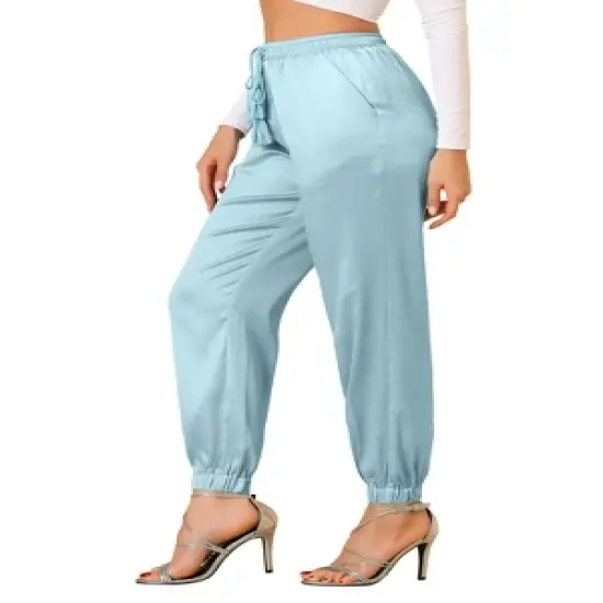 Allegra K Women's Drawstring Elastic Waist Athleisure Pants Ankle Length Satin Joggers with Pocket image {22}