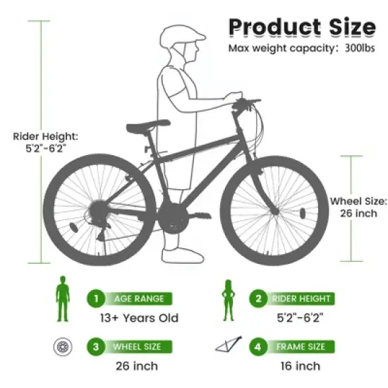 NAYSAYE 26 Inch Mountain Bike with Carbon Steel Frame 21 Speed Dual V Brakes for Adults and Teens for Trail Riding, Black and Green, 69.57"*27"*39" image {3}