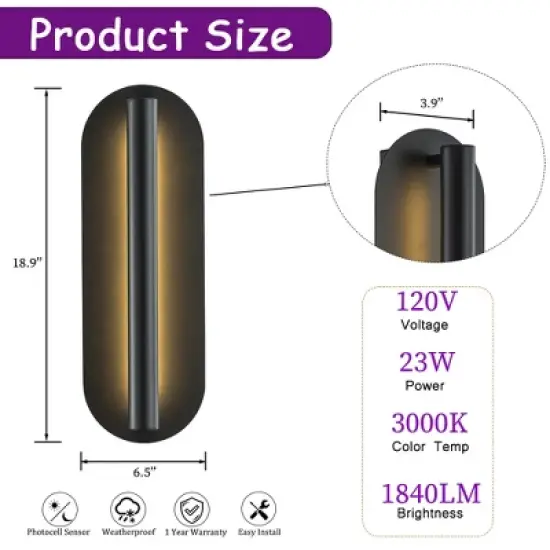 ALOADECOR H19" Oval Matte Black Integrated LED Wall Sconce with Acrylic Shade Modern Dusk to Dawn Waterproof Outdoor Wall Light for Patio image {10}