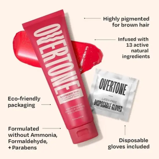 Overtone Raspberry Pink Hair Mask- Semi-Permanent Hair Dye & Color Conditioner- Vegan, Ammonia-Free, Pink for Brown & Blonde Hair image {6}