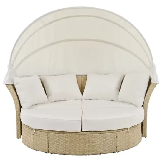 57" Outdoor Patio PE Rattan Round Daybed Sunbed with Retractable Canopy and 4 Pillows image {7}