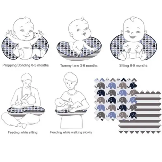 Bacati - 3 pc Elephants Blue Navy Gray Hugster Feeding & Infant Support Nursing Pillow with 2 removable zippered covers image {4}