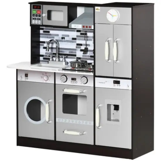 Qaba Wooden Play Kitchen with Lights Sounds, Kids Kitchen Playset with Washing Machine, Water Dispenser, Microwave, Range Hood, Refrigerator image {3}