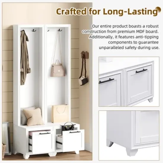 TIRAMISUBEST Elegant Free Standing Hall Tree Set of 2 - White Entryway Organizer with Storage image {3}