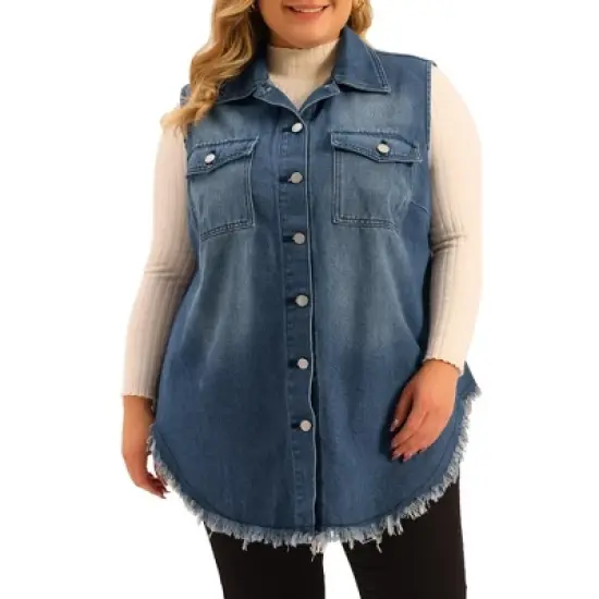 Agnes Orinda Women's Plus Size Button Up Frayed Hem Shacket Sleeveless Pockets Denim Vests image {5}