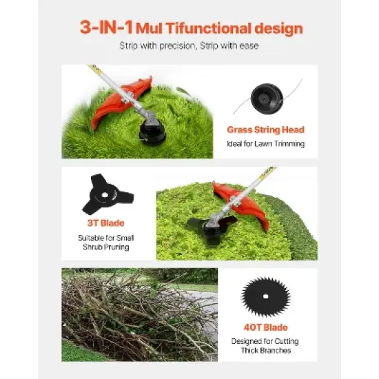 VEVOR String Trimmer, 51.7CC 2-Stroke, Gas Powered Weed Wacker, 16.9" Cordless Grass Trimmer, Multi-Functional Lawn Edger with Shoulder Strap image {3}