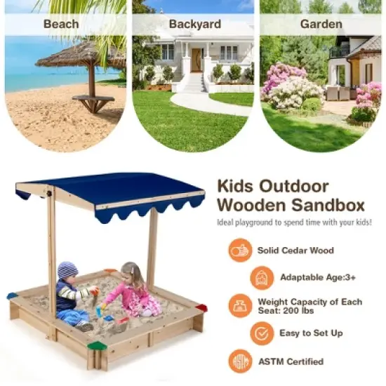 Costway Kids Wooden Sandbox with Height Adjustable & Rotatable Canopy Outdoor Playset image {5}