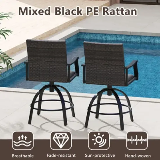 Tangkula 3 PCS PE Wicker Patio Swivel Bar Set Table & Chairs w/ Quick-Drying Foam image {6}