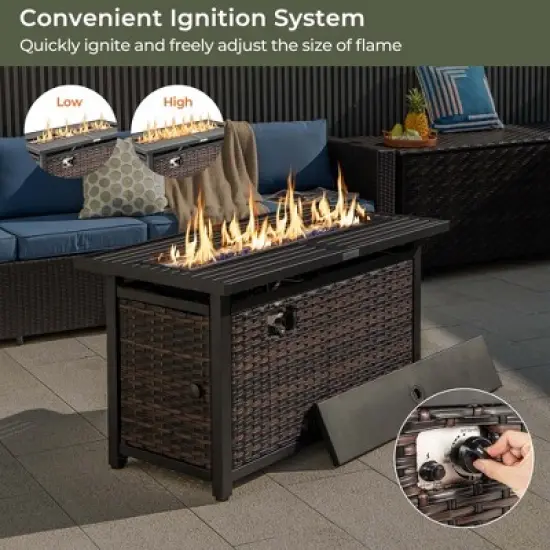 Costway 45" Propane Rattan Firepit Table with Glass Stones & Protective Cover Metal Frame image {7}