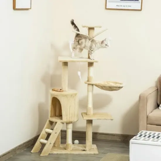 Resenkos Cat Tree,53" Plush Sturdy Interactive Cat Condo Tower Scratching Post Activity Tree House - Beige image {7}