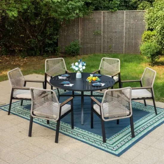 Captiva Designs 7pc Slat-top Round Steel Dining Table and Fixed Wicker Chairs with Thick Cushions image {7}