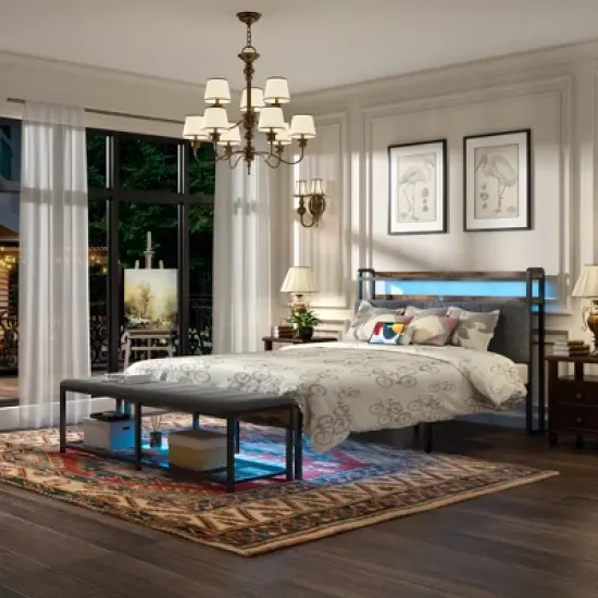 VECELO Full/Queen Upholstered Bed Frame with Storage End of Bed Bench, Platform Bed with Headboard & Charging Station, LED Lights, Gray image {9}