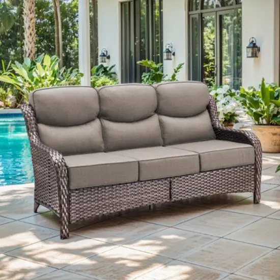 6" Thick Cushion Outdoor Wicker Patio Sofa, All Weather Wicker Outdoor Furniture 3-Seater Sofa High Back Patio Couch for Porch Balcony image {10}