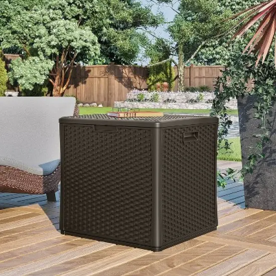 Suncast 60 Gallon Outdoor Storage Resin Wicker Design Cube Shape Patio Deck Box image {4}