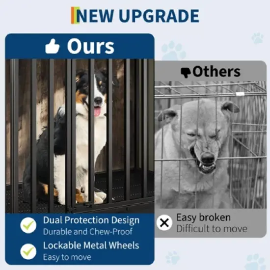 Heavy Duty Dog Crate Furniture with Wheels, 39'' Dog Kennel Furniture with Removable Tray, Wooden Pet Cage Indoor, Decorative Side End Table image {4}