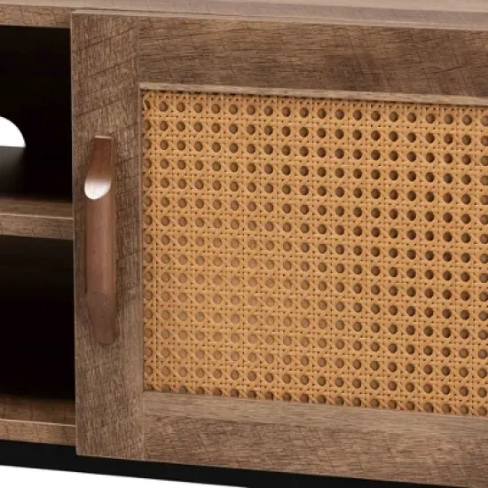 Veanna Bohemian Natural Wood and Metal 2 Door Synthetic Rattan TV Stand for TVs up to 40" Brown/Black - Baxton Studio image {4}