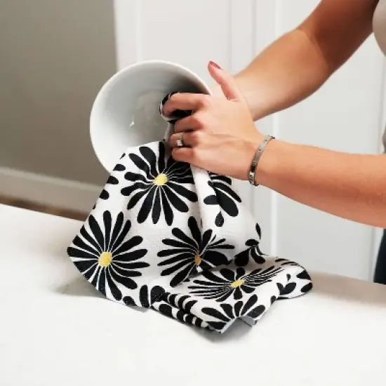 Geometry Tea Towel Set Zest: Modern Floral & Gingham Check, Quick Dry Microfiber, Off-White/Black/Yellow, 2-Piece Kitchen Textile image {2}