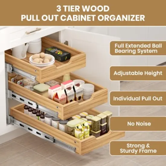 LOVMOR 3 Tier Pull Out Cabinet Organizer, Heavy-Duty Pull Out Drawer, Slide Out Wood Shelf for Cabinets image {2}