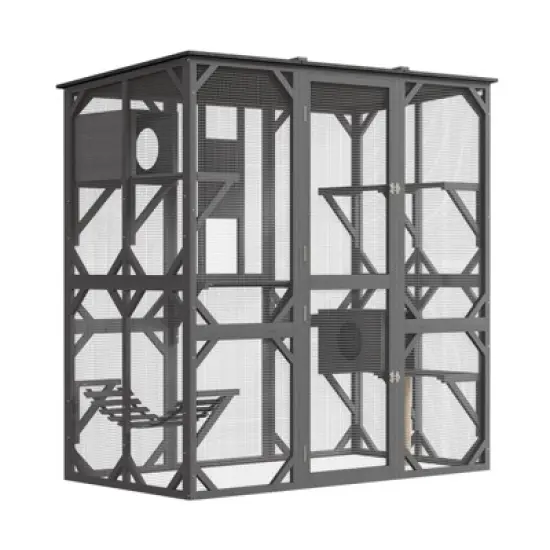 70" Large Wooden Cat Cage with Roof, Multi-Level Cat House with 4 Platforms, Hammock & Scratching Post image {1}