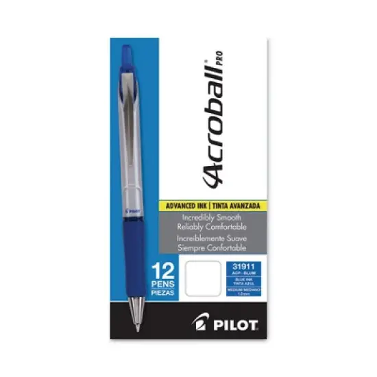Pilot Acroball Pro Advanced Ink Hybrid Gel Pen, Retractable, Medium 1 mm, Blue Ink, Silver/Blue Barrel, Dozen image {1}