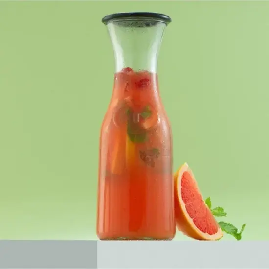 JoyJolt Hali Glass Carafe Bottle Water or Juice Pitcher with 6 Lids - 35 oz - Set of 4 image {1}