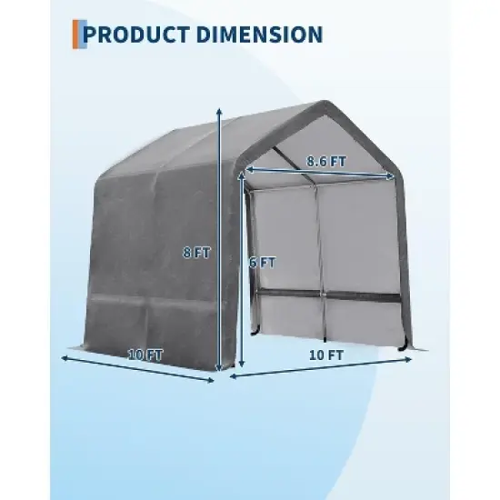 Acekool 10x10FT Outdoor Portable Storage Shed, Roll-Up Door, Heavy-Duty Waterproof PE Tarp, UV-Resistant Shelter for Garden, Tools, Motorcycles,Gray image {6}