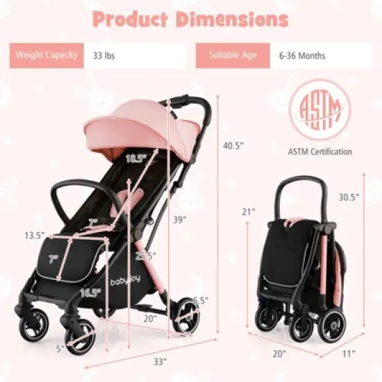Infans Portable Baby Stroller One-Hand Fold Pushchair W/ Aluminum Frame Pink image {1}