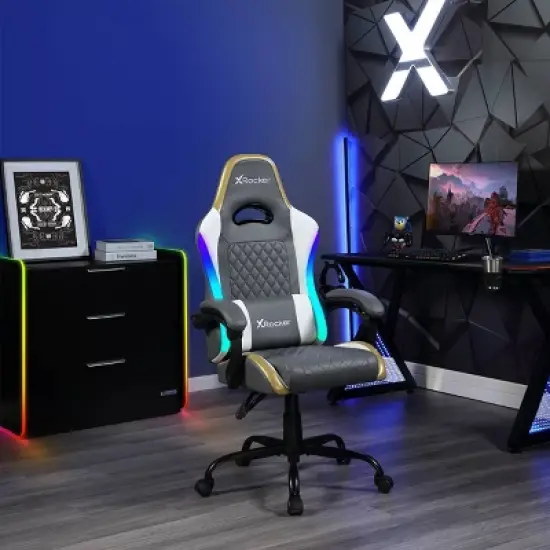 X Rocker RGB LED Extra Comfort Ergonomic PC Gaming Chair Gray/White/Gold image {3}