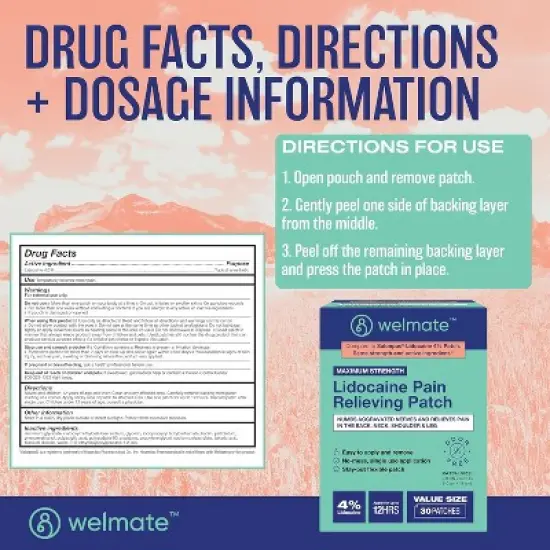 WELMATE Lidocaine 4% Maximum Strength Pain Relief Patch - 15ct image {5}