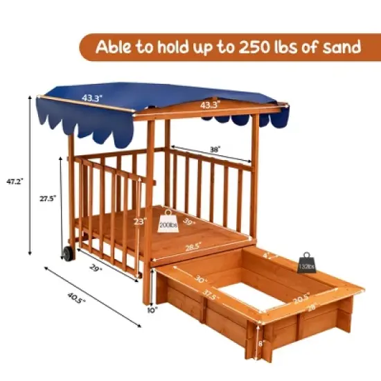 Costway Wooden Retractable Sandbox  with Cover & Built-in Wheels Kids Outdoor Playhouse image {3}
