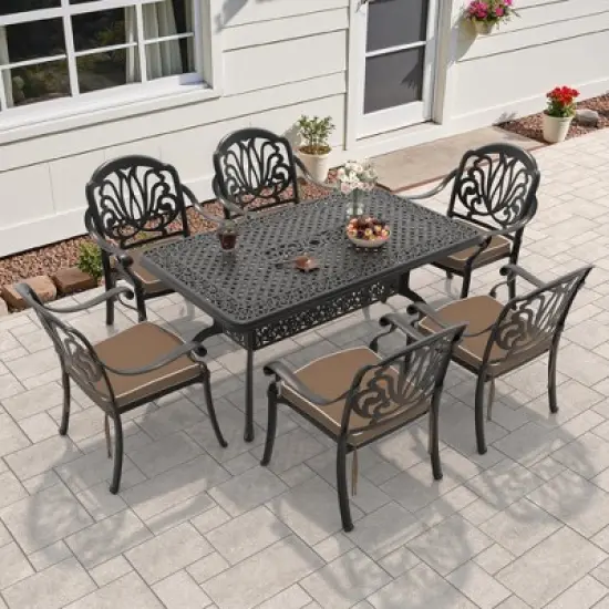 7-Piece Cast Aluminum Outdoor Dining Set: Rectangle Table, Stackable Chairs & Brown Cushions - All-Weather Patio Furniture for Your Backyard image {10}