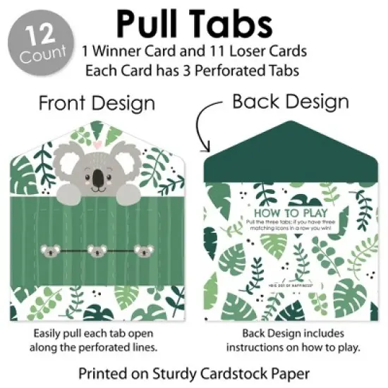 Big Dot of Happiness Koala Cutie - Bear Birthday Party and Baby Shower Game Pickle Cards - Pull Tabs 3-in-a-Row - Set of 12 image {3}