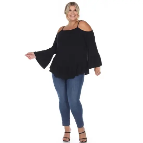 Plus Size Cold Shoulder Ruffle Sleeve Top -White Mark image {3}
