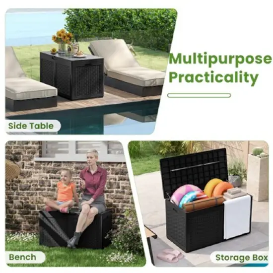 Tangkula 103 Gallon Resin Outdoor Storage Box Waterproof Deck Box w/ Lockable Lid & Wheels Brown/Black/Grey image {4}