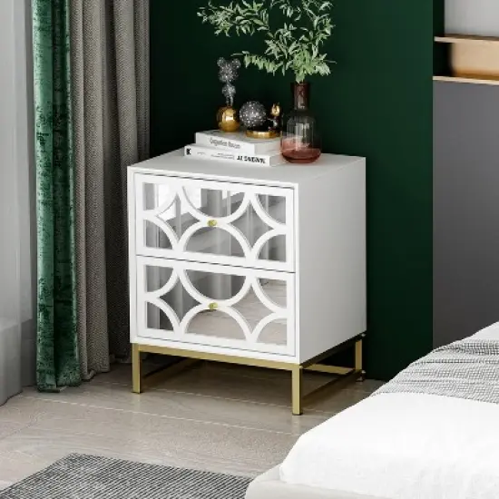 Averina 2 Drawers 45&deg; Splicing White  Mirror Front  Nightstand With Storage - The Pop Maison image {1}