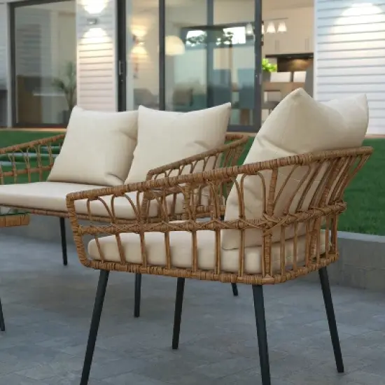 Emma and Oliver Four Piece Indoor/Outdoor Boho Open Weave Natural Rattan Rope Patio Set with Two Chairs, Loveseat and Table with Cushions image {6}