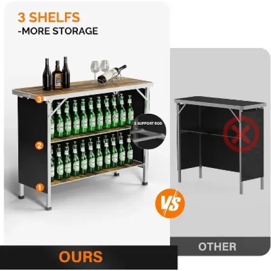 VINGLI Portable Bar Table, 3-Tier Shelves, Mobile Bar Table for Events, Party, Camping, Picnic, Tradeshow, Indoor with Black Skirt image {3}