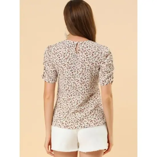 Allegra K Women's Floral Crew Neck Summer Casual Shirred Short Sleeve Blouse image {4}